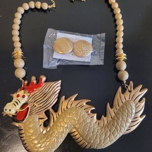Source Unknown Gold and Red Dragon Statement Necklace